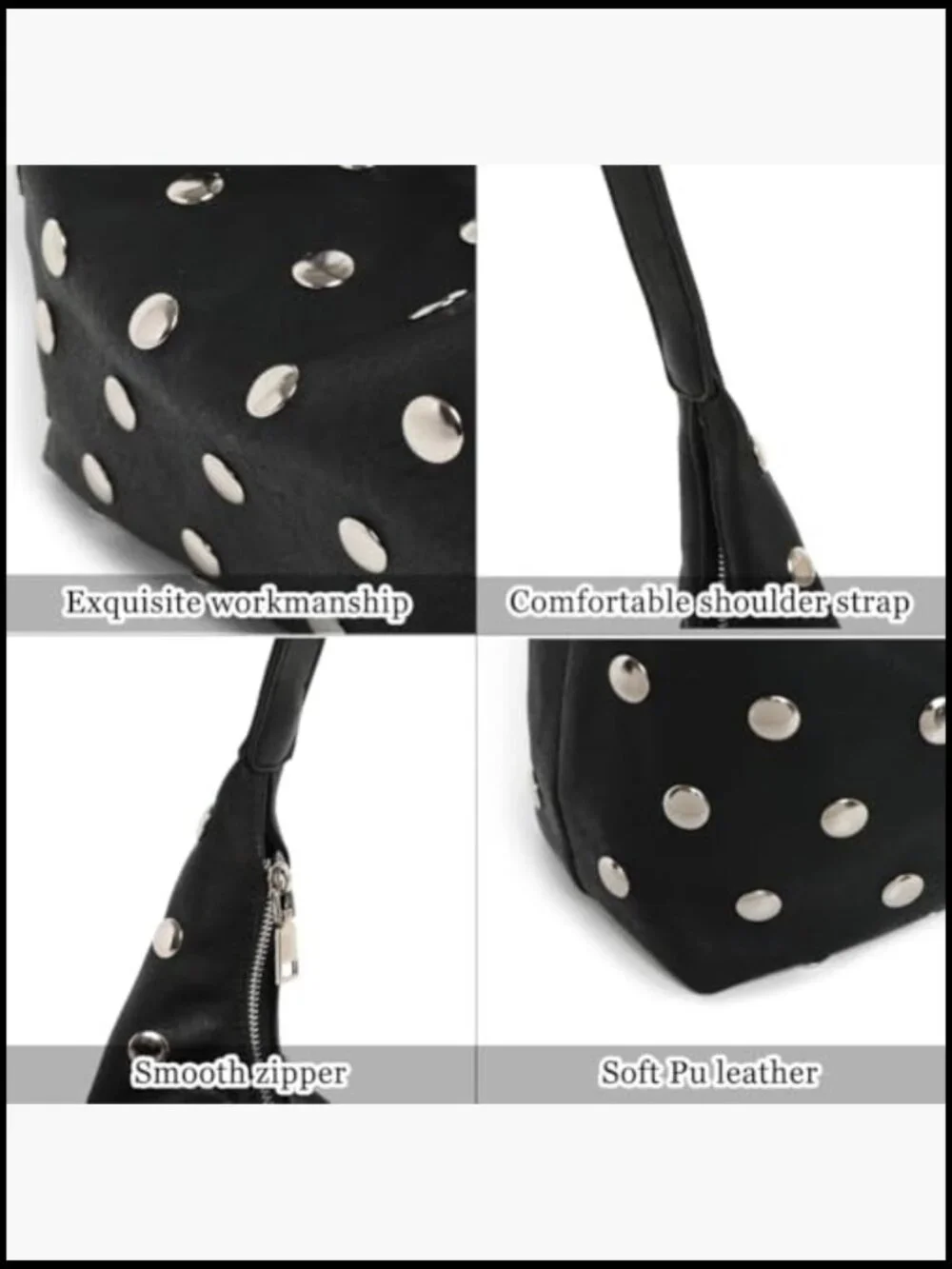 Studded Hobo Bag Vegan Leather Slouchy Tote Shoulder Handbag Purse